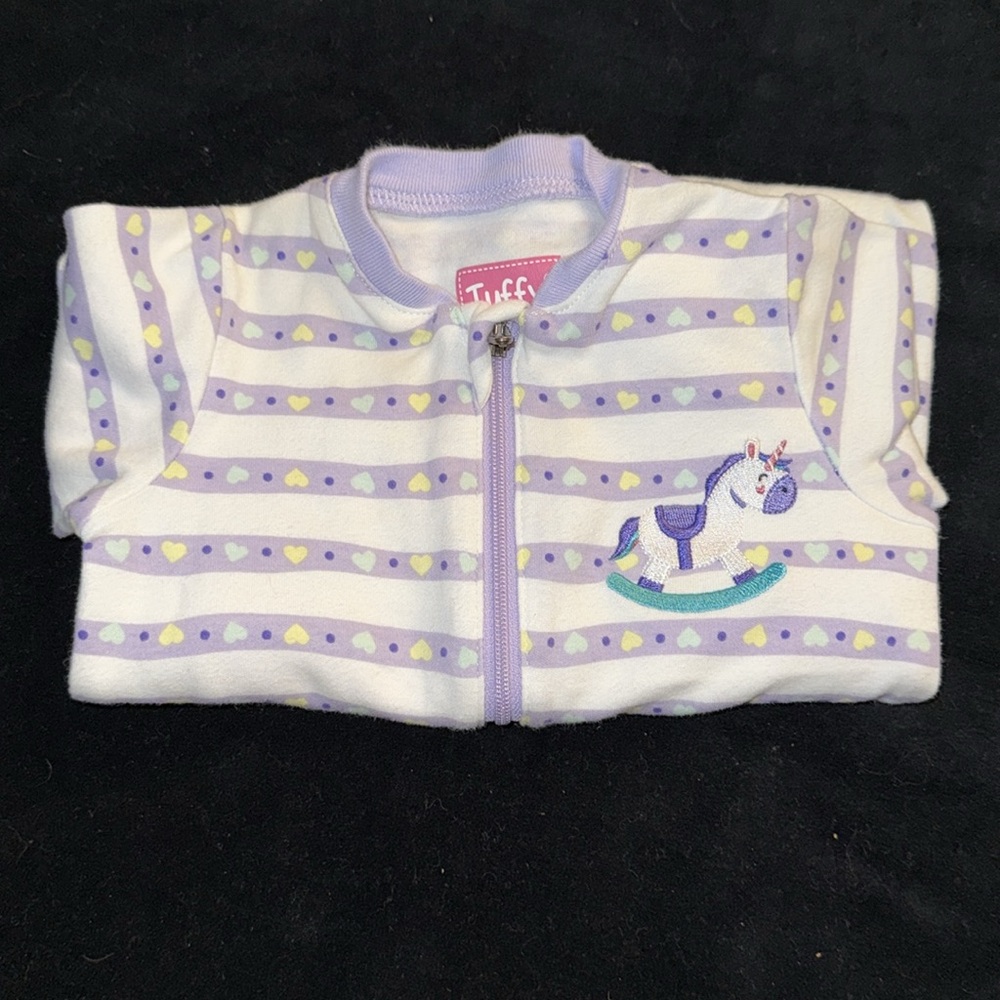 🍄3M Tuffy Vtg rocking horse Striped Purple and White Kids One Pc double zip